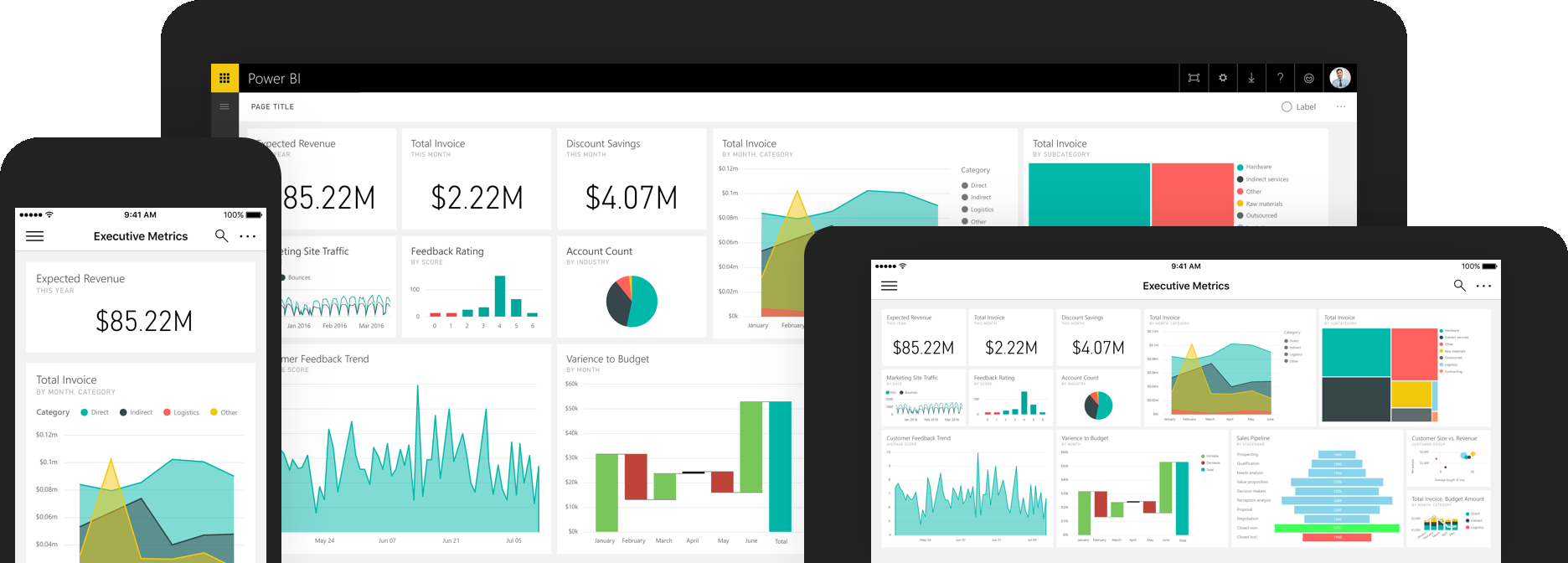 Power BI running on a phone and a tablet
